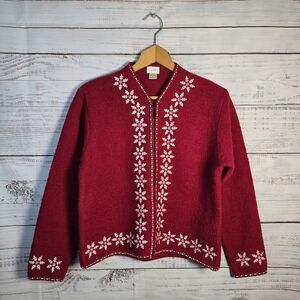 Alps Y2K Embroidered 100% Wool Red Cardigan Sweater ZIP UP Size M